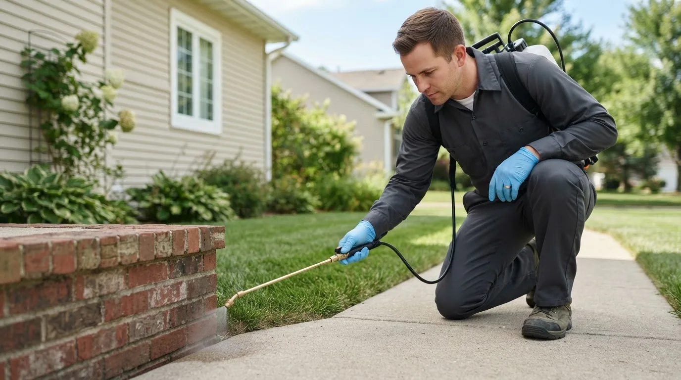 Pest control technician treating a home near Inwood, NY
